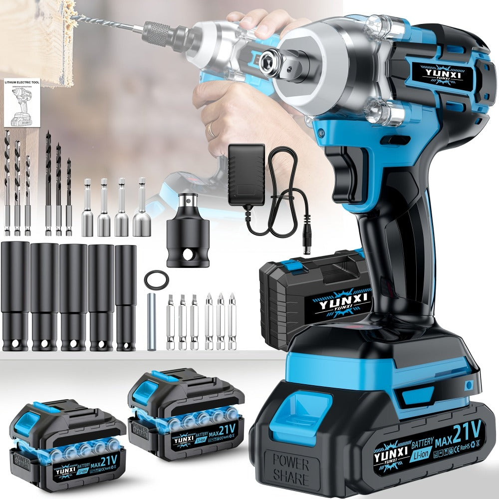 Juego de Llave de Impacto Inalámbrica, Empuñadura Ergonómica, Motor sin Escobillas, Herramienta Multifuncional, Batería Opcional, Cargador Rápido, Accesorios de Enchufe, Caja de Almacenamiento, Ideal para Mantenimiento Automotriz y Proyectos de Hogar