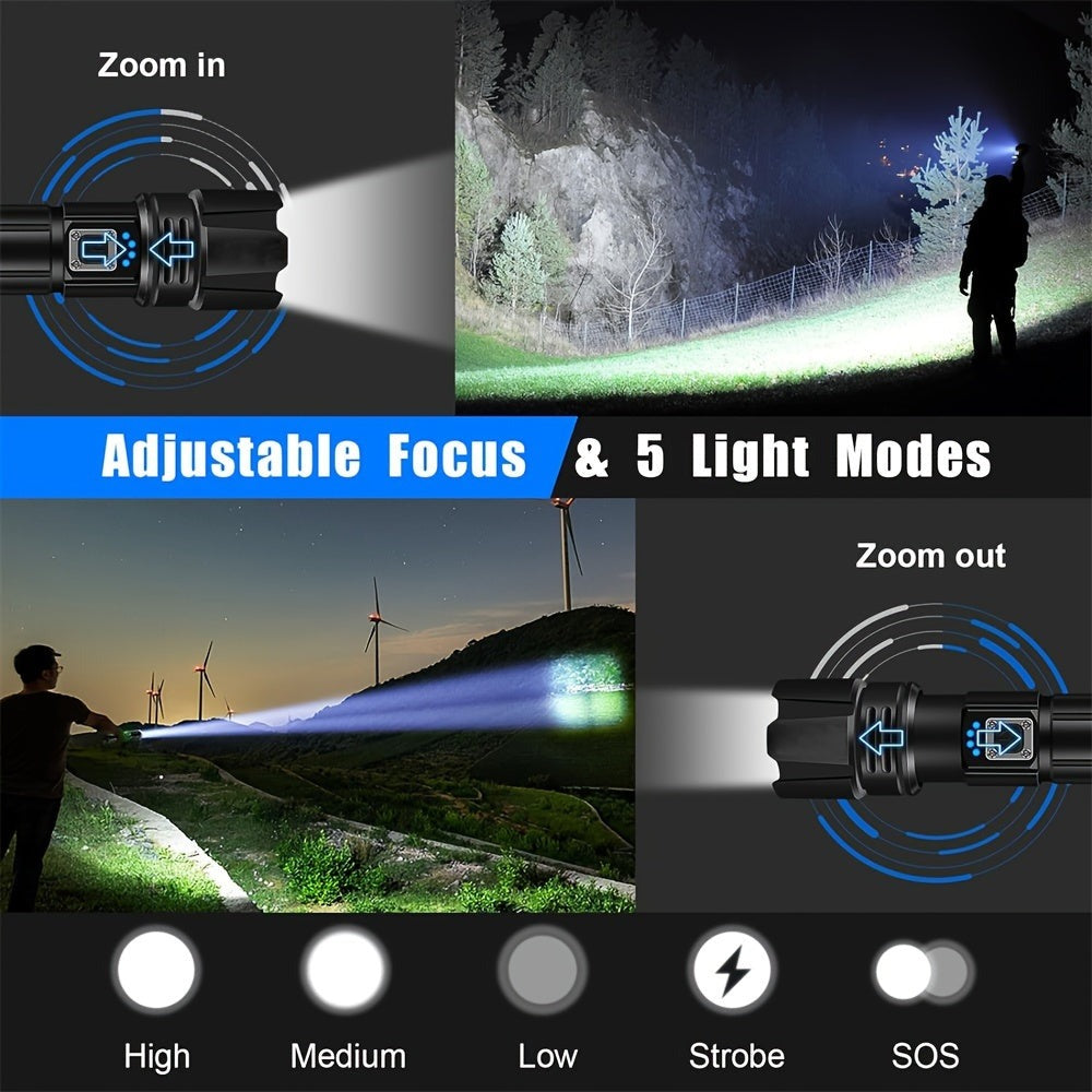 2 linternas tácticas recargables de alta luminosidad, 5 modos de iluminación, linterna con pantalla de energía, linterna LED portátil con zoom para camping, senderismo, emergencias domésticas, iluminación de negocios