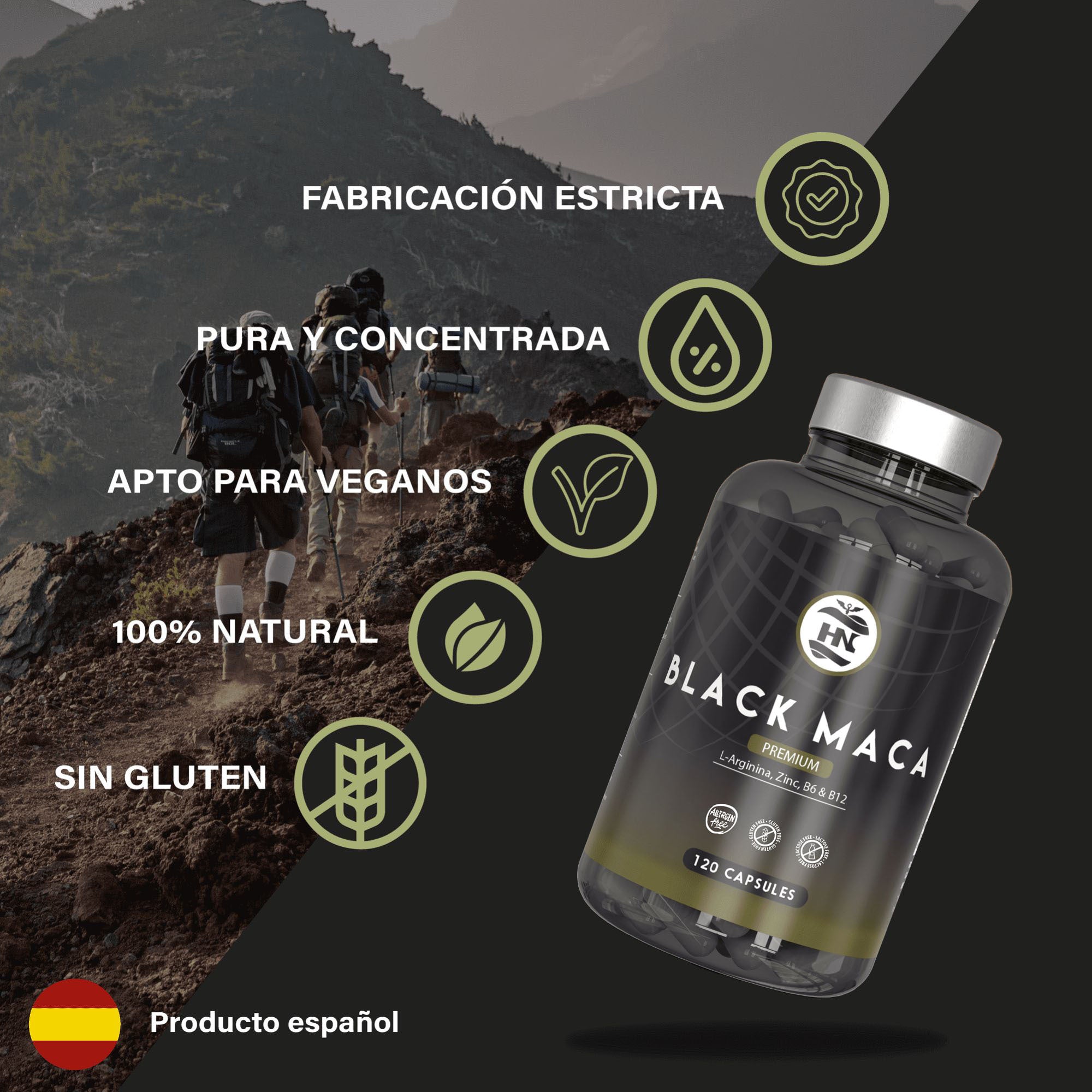 HN - Healthy Nutrition Maca Negra Andina con L-Arginina y Zinc – Suplemento con Vitaminas B6 y B12 – 120 Cápsulas Vegetales