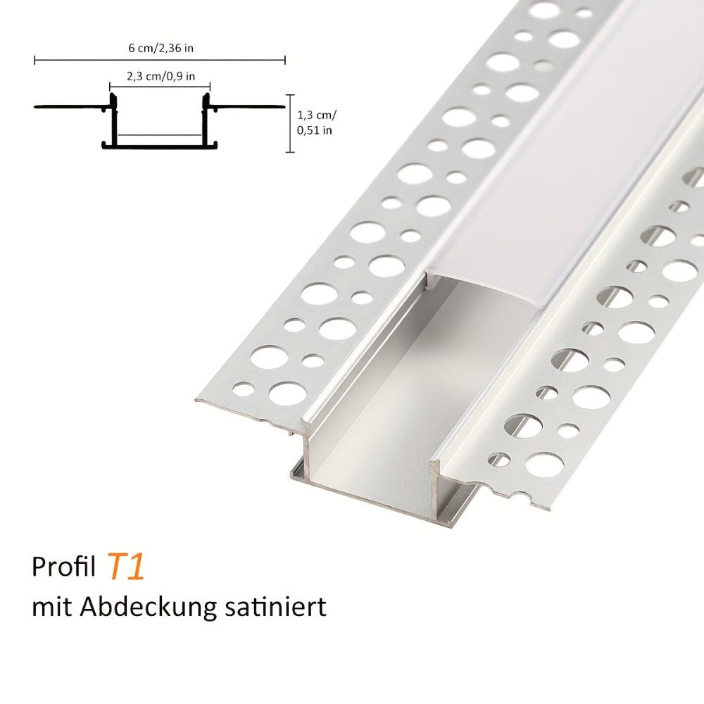 Perfil de canal de aluminio LED | Longitud de 2 m, ancho total de 6 cm | Ranura de 2.3 cm | Riel de montaje empotrado profundo | Sin fuente de luz | Ideal para montar tiras LED en techos, gabinetes, estantes, iluminación de cocina