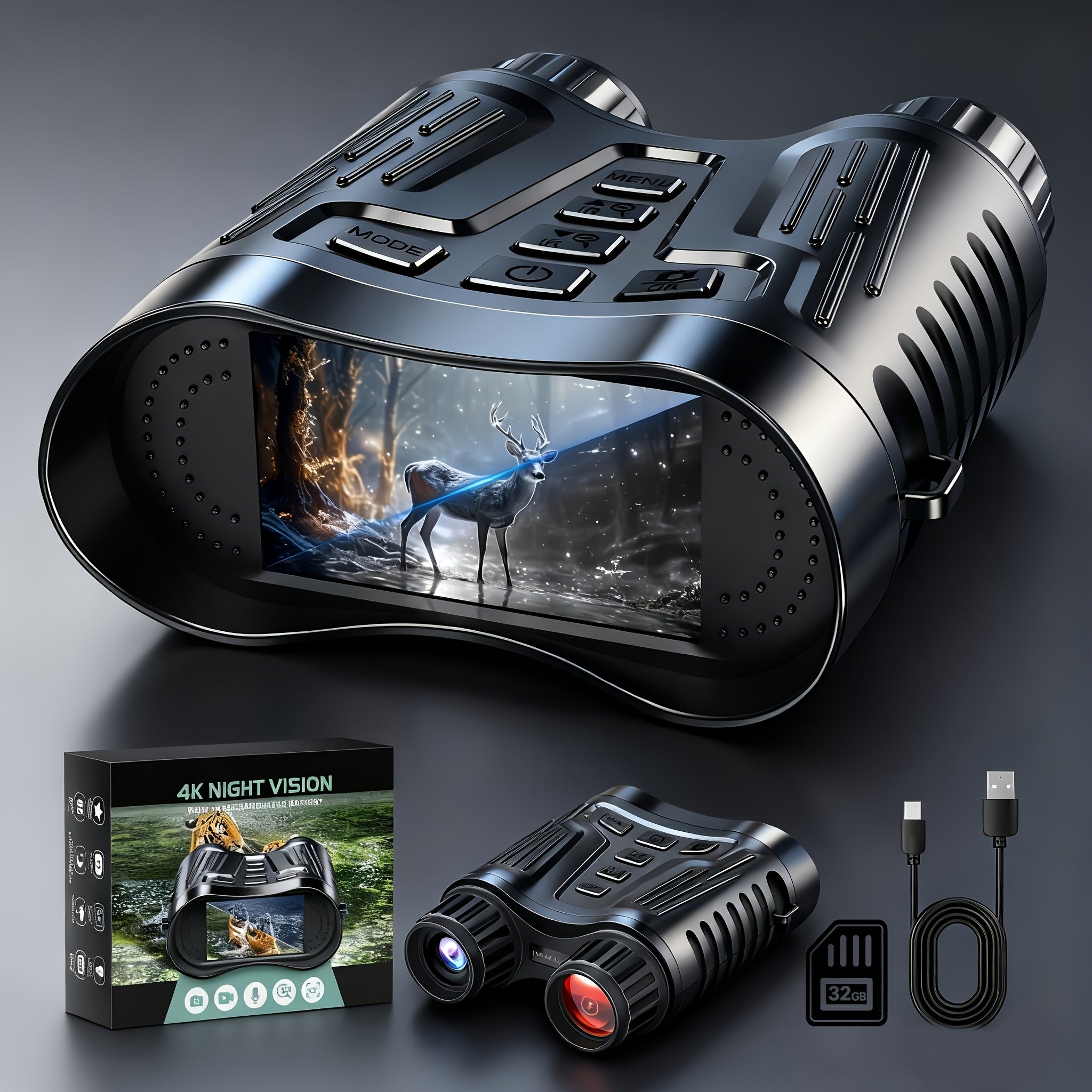 Binoculares de Visión Nocturna Infrarroja 4K con Gafas Protectoras, Zoom 8x, Capacidad de Grabación de Fotos y Videos, Batería Recargable de Larga Duración, Pantalla Grande de 8.13 cm, Incluye Correa de Transporte, Portátil para Excursiones, Versátil para