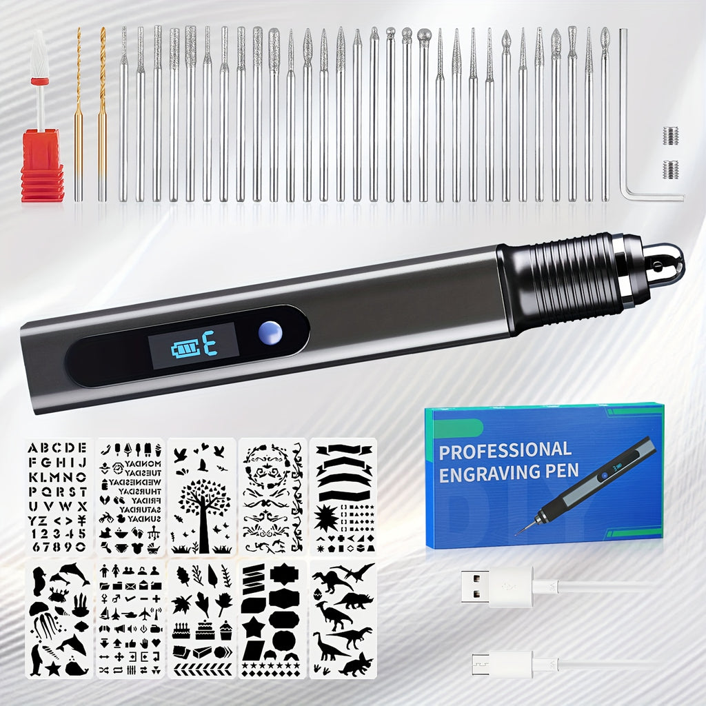 Lápiz de Grabado y Grabado Recargable USB, Kit de Lápiz de Grabado de 33 Bits, 10 Plantillas, Herramientas de Micrograbado, Grabado en Vidrio, Madera, Metal, Piedra, Plástico, Clavos, Joyería, Ideas de Regalo para el Día del Padre