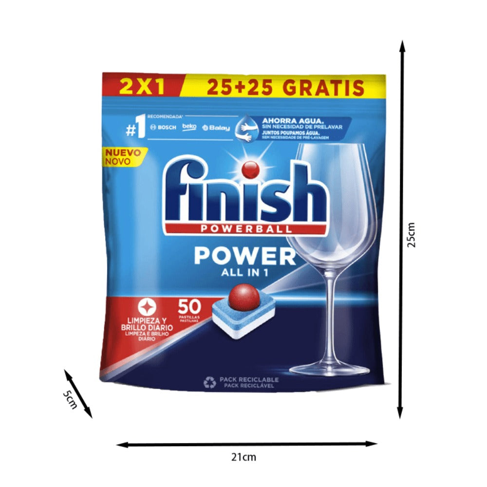 Finish Power All in 1 - Pack de 5 Paquetes De 25+25 (250) Pastillas, o Pack De 2 Paquetes De 25+25 (100) Pastillas para lavavajillas sin fosfatos, con potente Powerball para eliminar las manchas de grasa más difíciles.