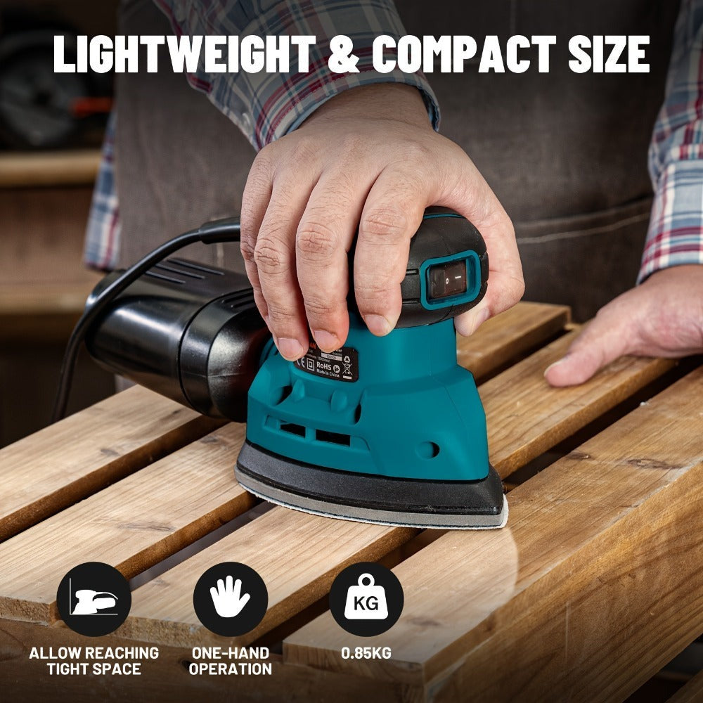 Lijadora triangular Delta de 150W, 12000 RPM, 12 hojas de lija (140X140X80Mm), doble extracción de polvo, ideal para madera y superficies