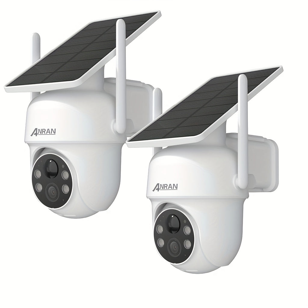 2 cámaras de seguridad solar ANRAN inalámbricas para exteriores, cámara WiFi 2.4G para seguridad del hogar con panel solar fijo, PTZ 360° para vigilancia doméstica, detección de humanos PIR, visión nocturna en color, comunicación bidireccional, color blan