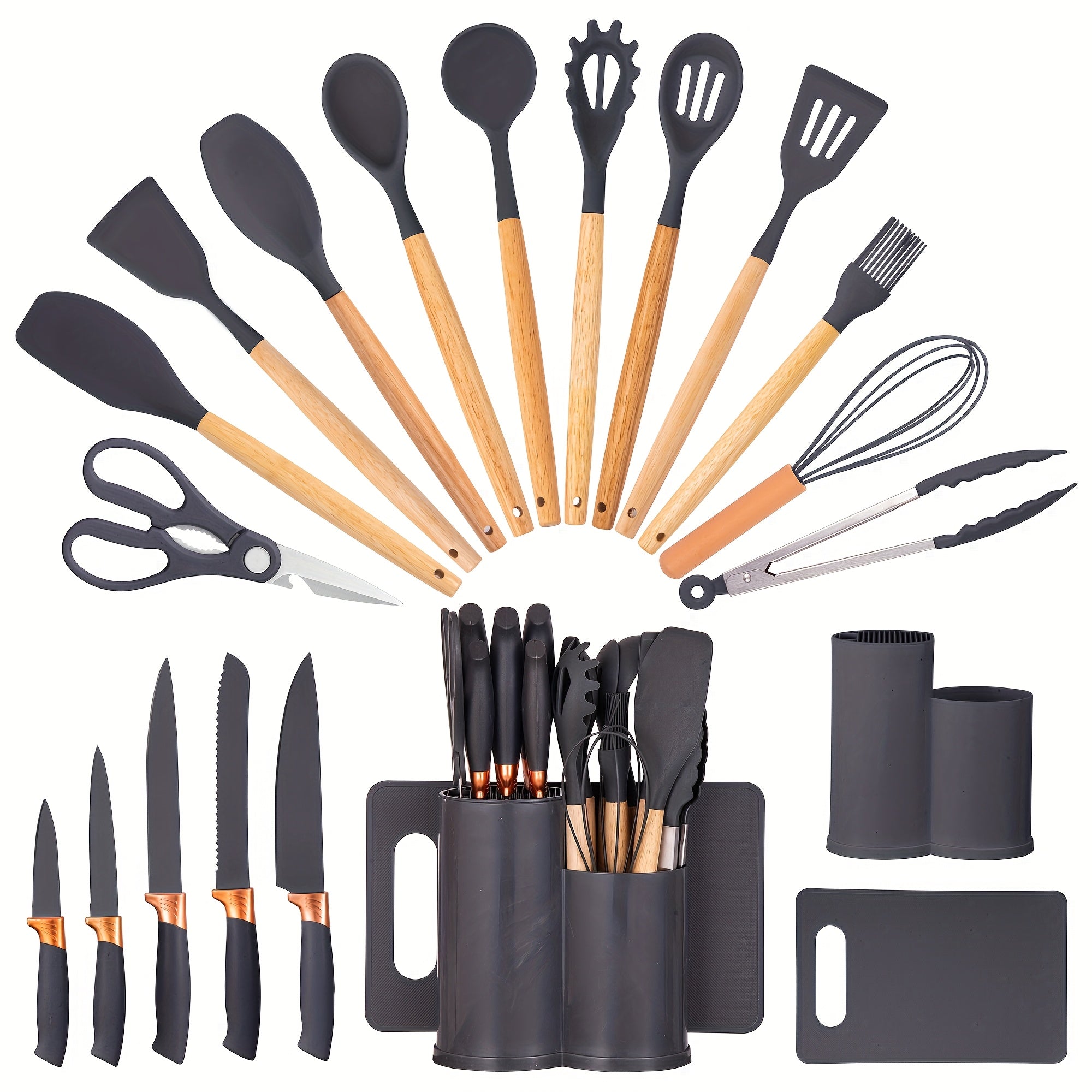 Juego de 19 piezas de cuchillos de cocina modernos y utensilios de cocina - Colección de hojas profesionales con mangos ergonómicos - Accesorios de cocina de alta calidad con soporte de almacenamiento - Herramientas de corte de espiga completa y esenciale