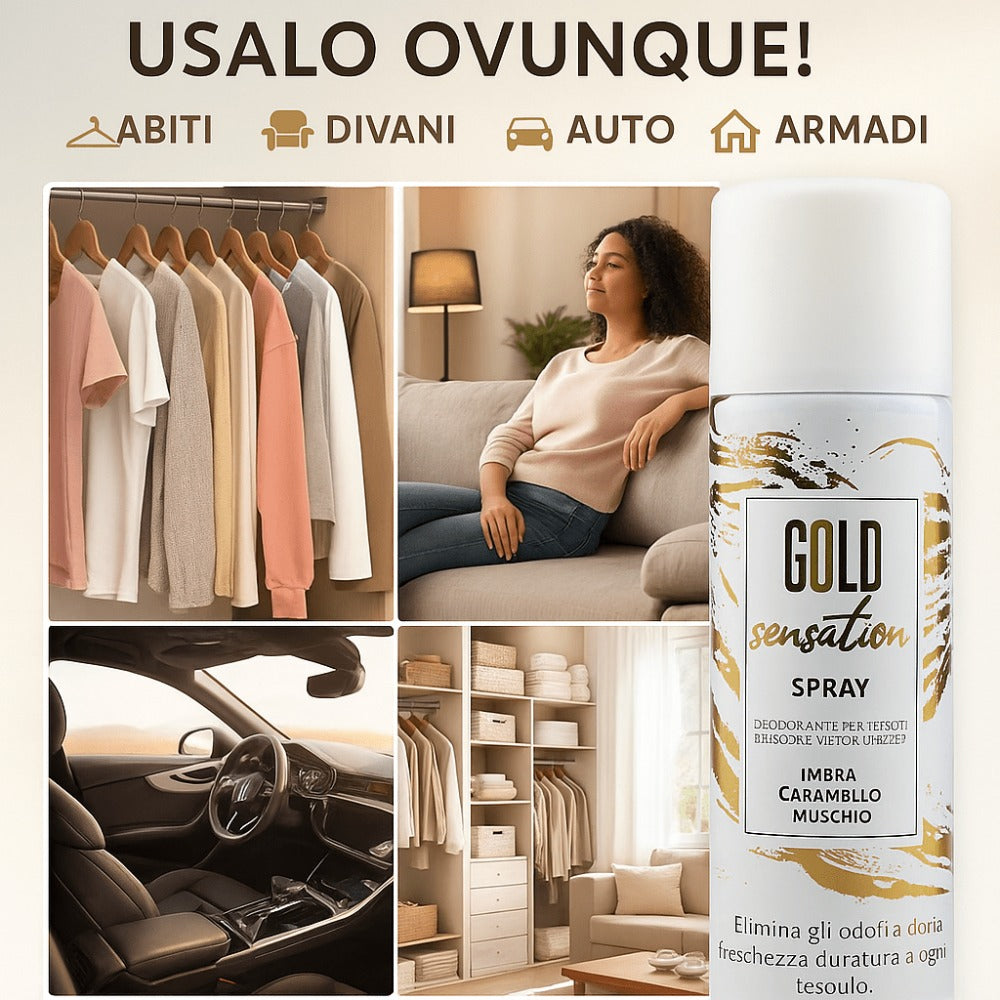HOME PRO – Kit Profesional de Spray Desodorante para Telas, Sensación Dorada – Fragancia de Ámbar, Caramelo y Almizcle – Eliminador de Olores de Larga Duración, Aroma de Lujo – 3x150 ml – Hecho en Italia