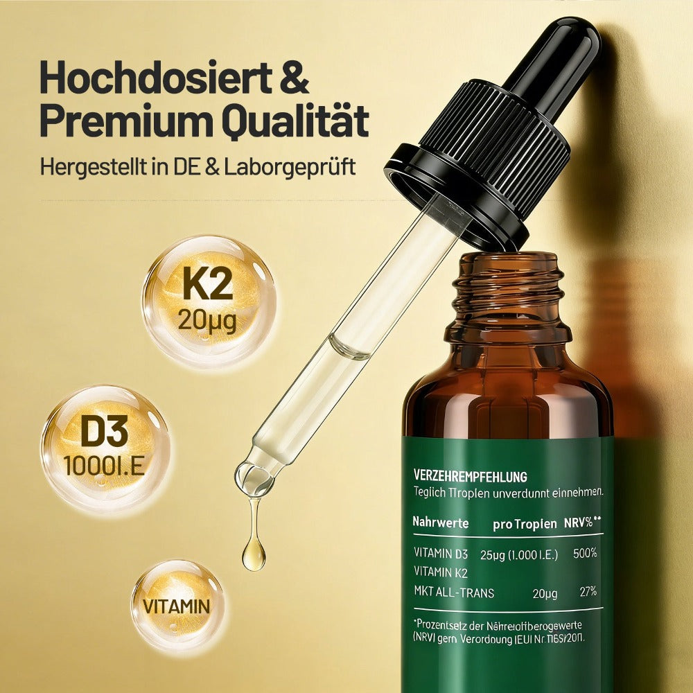 Gotas de Vitamina D3 K2 de Dosis Alta - 50 ml, 1000 IU de Vitamina D3 por Día por Gotita, Dosis Alta - Vegana, Sin Aditivos, Producido en Alemania.
