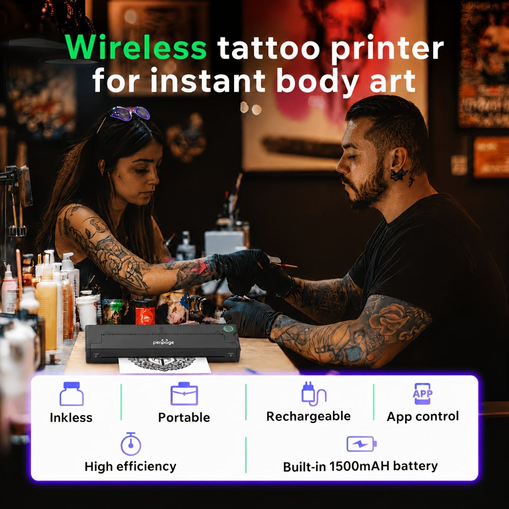 Impresora inalámbrica P90 de plantillas para tatuajes, máquina de tatuaje térmica con papel de plantillas, kit de impresora de tatuajes portátil compatible con teléfono, tableta y PC
