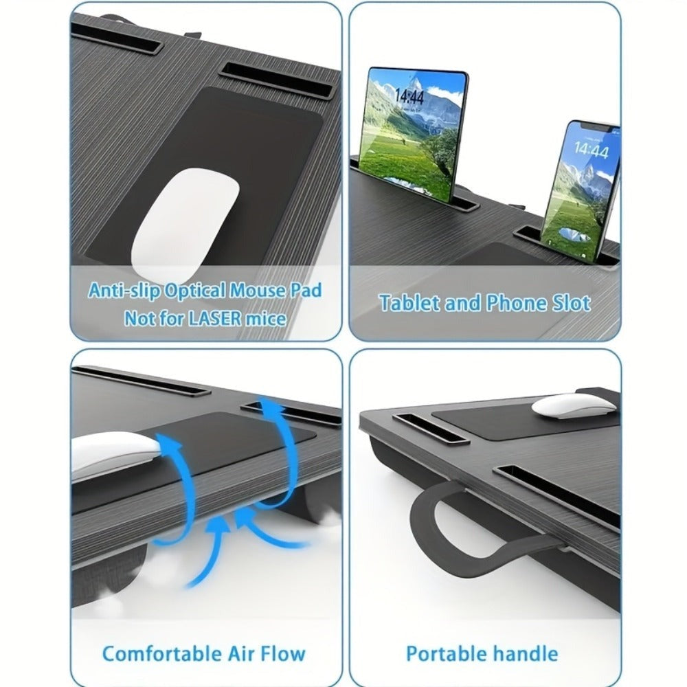 Escritorio de oficina multiusos con reposabrazos, alfombrilla para ratón, ranuras para tablet y teléfono, asa portátil, escritorio acolchado para laptop, estructura de madera duradera, adecuado para usar en la cama, almacenamiento en el hogar y la oficina