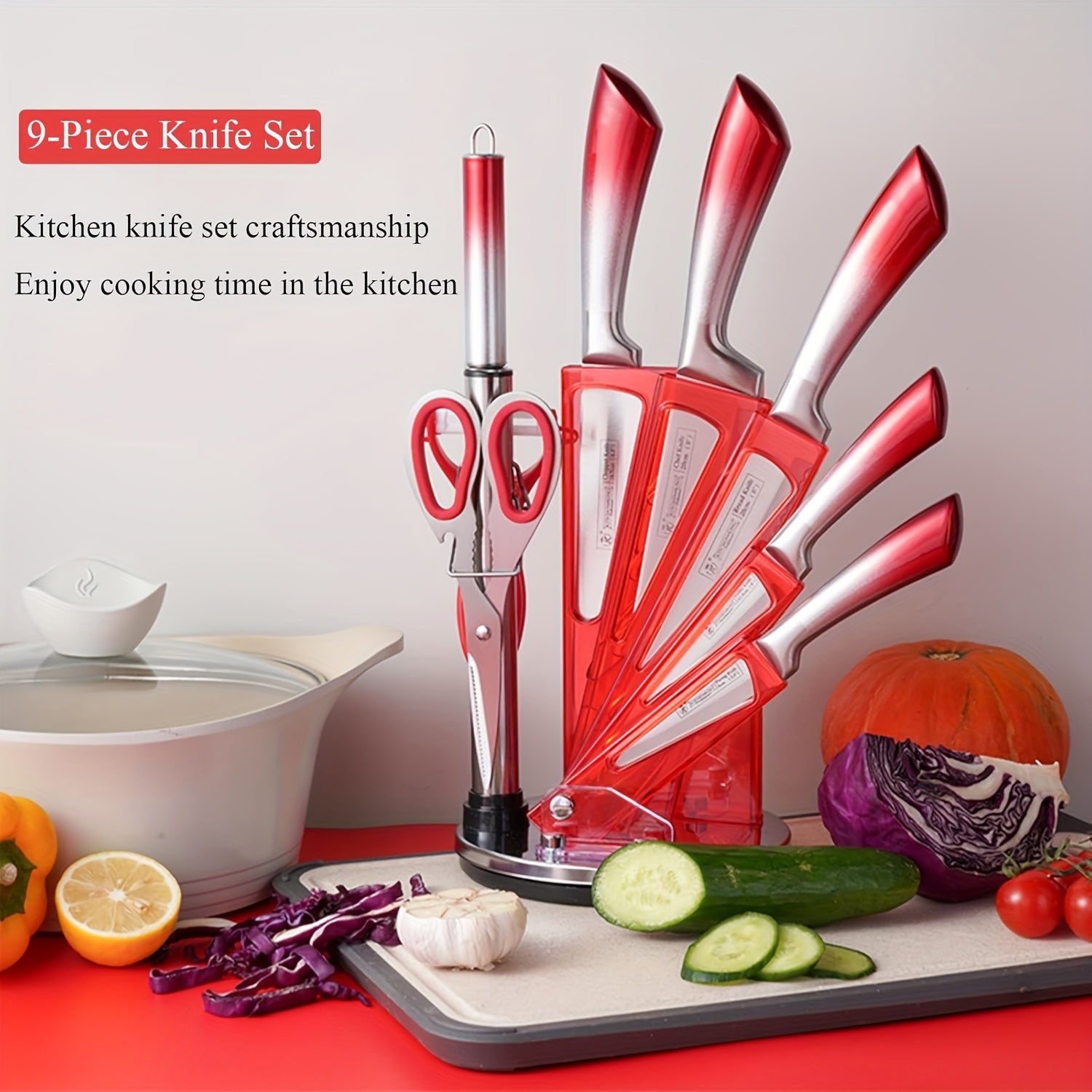 Colección de 9 cuchillos de cocina, fabricados con acero inoxidable forjado de alto carbono con mangos degradados vibrantes, elegantemente empaquetados para regalar, perfectos para el hogar o como regalos navideños - Disponibles en azul, negro, rojo y mor