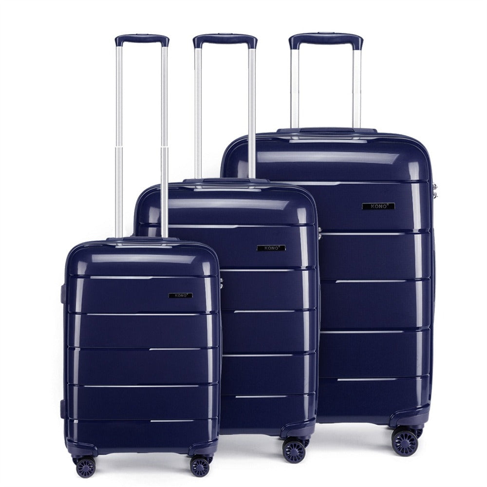 Juego de 3 maletas de carcasa rígida color azul marino, maleta de viaje con 4 ruedas, candado TSA y cremalleras YKK, maleta con ruedas de polipropileno, azul oscuro, maleta ligera de polipropileno de 4 ruedas con carcasa rígida y candado TSA, regalo de re