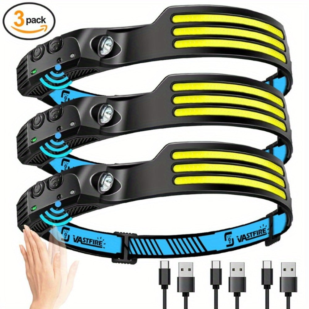 Linterna frontal recargable 3 unidades | Camping running trabajo y emergencia