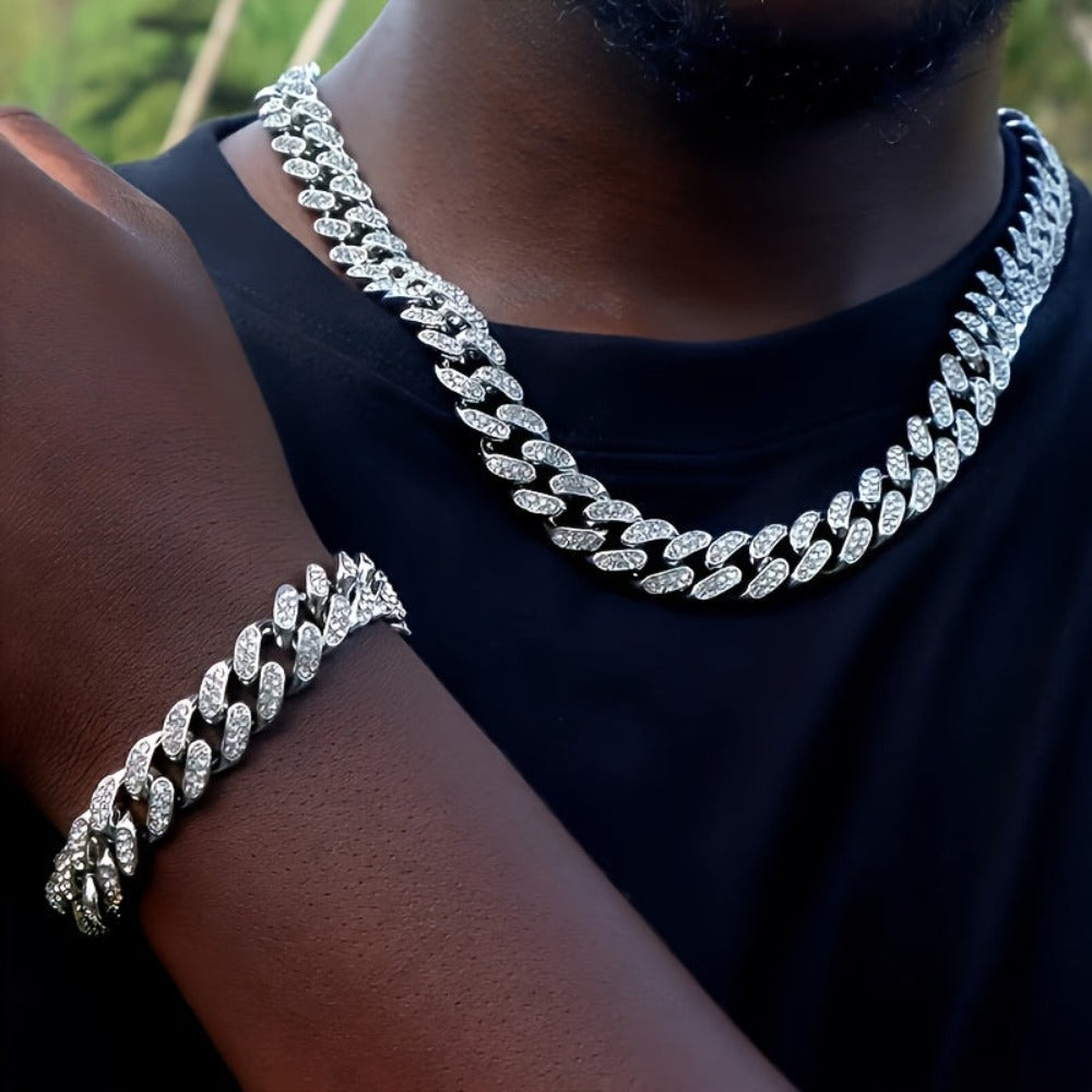 Juego de Joyería de Plata 925 con Cadena Cubana Incrustada con Zirconia 5A, Cadena Gruesa de Moda Hip-hop Casual, Ambiente de Lujo Generoso, Decoración para Fiestas y Banquetes, Hipoalergénico, El Mejor Regalo para Él, Empaque en Caja de Regalo Exquisita