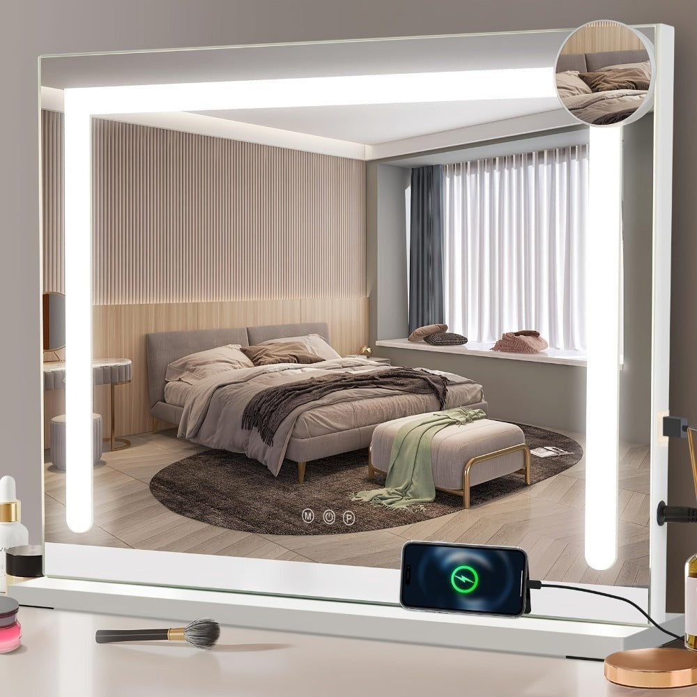Espejo de Maquillaje de Hollywood con Iluminación - (50 X 40 Cm/58 X 46Cm/70 X 55Cm/80 X 60Cm) Espejo LED Regulable con 3 Modos de Luz USB Conexión Espejo de Maquillaje Inteligente para Dormitorio Tráiler