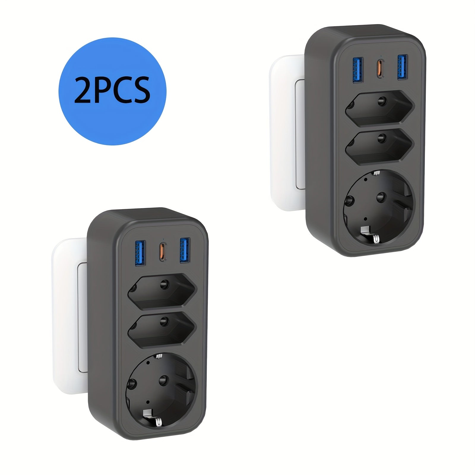 2 unidades de enchufe USB, adaptador de enchufe, multi enchufe 6 en 1 con 3 salidas, 2 cargadores USB, 1 puerto tipo C, compatible con teléfonos celulares, computadoras portátiles, para electrodomésticos, multi enchufe para el hogar, viajes y oficina