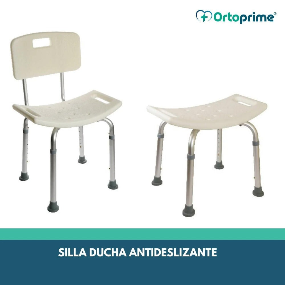Silla de Ducha Antideslizante con Respaldo Extraíble - Asiento Ergonómico Ajustable y Ligero, Estructura de Aluminio Ligera y Asiento de PVC Antideslizante e Hipoalergénico, Adaptable como Silla o Taburete, Estabilidad, Seguridad y Confort Durante el Baño