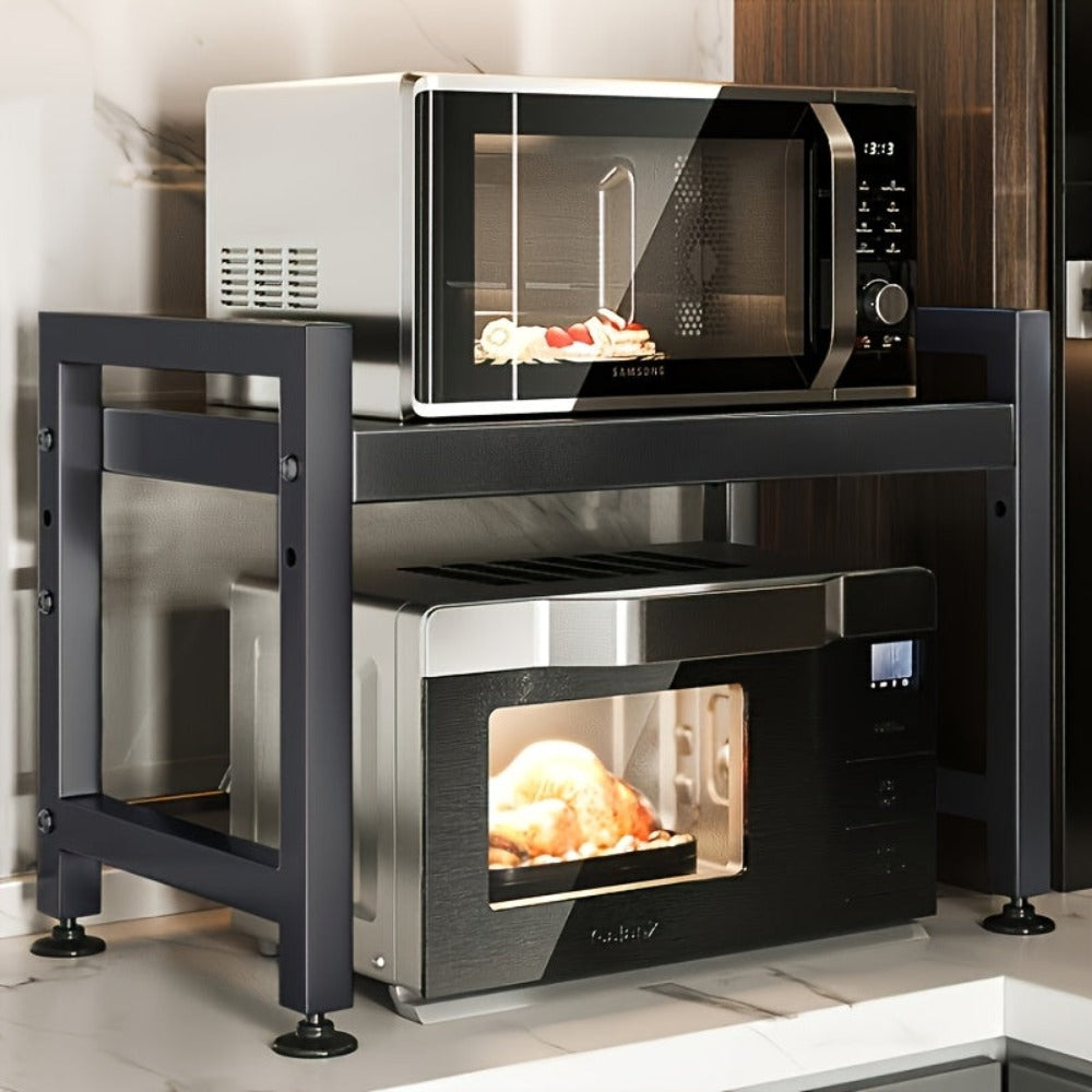 Estante de Cocina Extensible Negro: Estructura de 2 Niveles, 40-65 Cm, con 6 Ganchos para Soporte de Horno Microondas