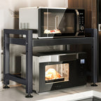 Estante de Cocina Extensible Negro: Estructura de 2 Niveles, 40-65 Cm, con 6 Ganchos para Soporte de Horno Microondas