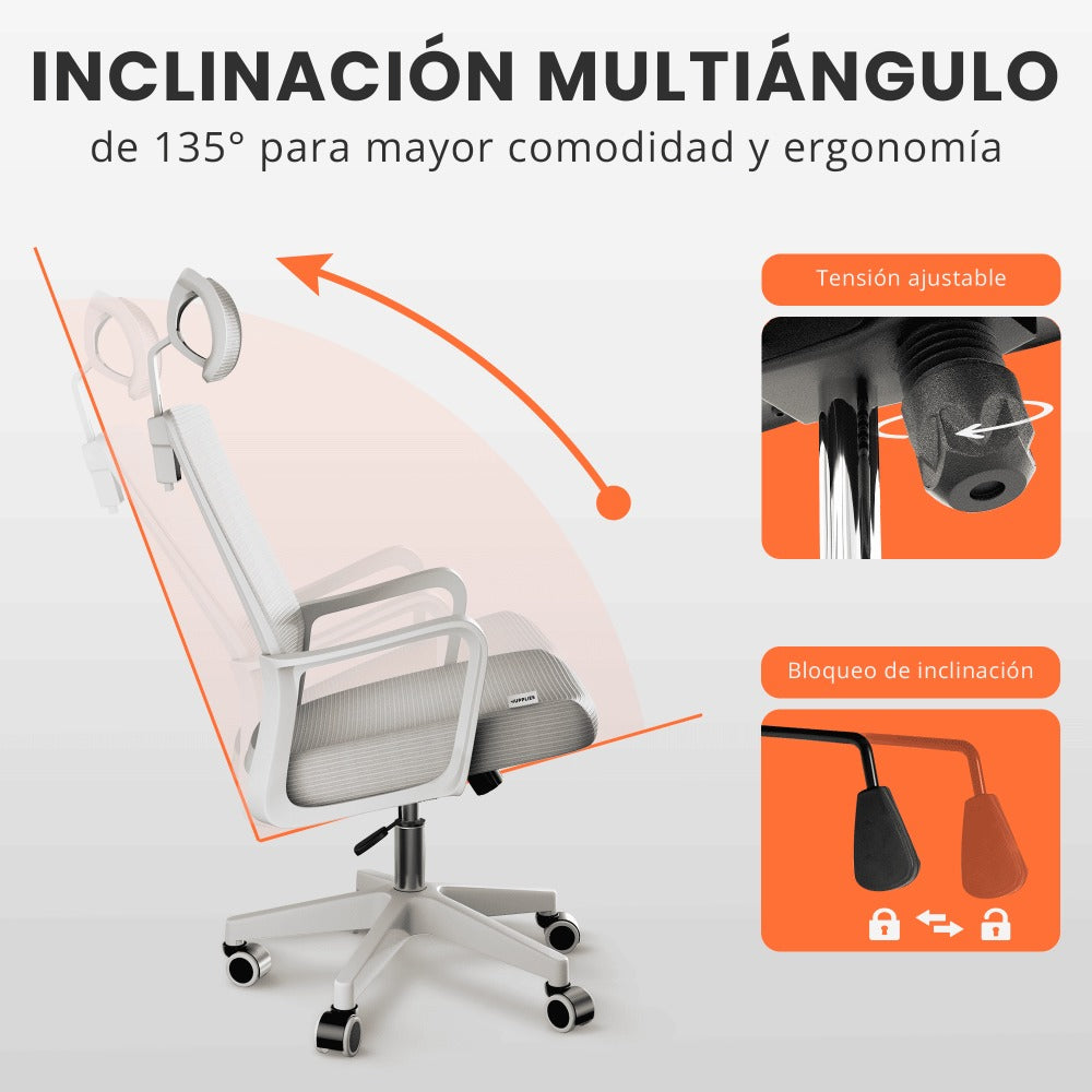 RELAXTY Silla de Oficina Ergonómica – Ajustable y Reclinable con Reposacabezas, Soporte Lumbar, Malla Transpirable y Ruedas 360° | Soporta Hasta 100 kg