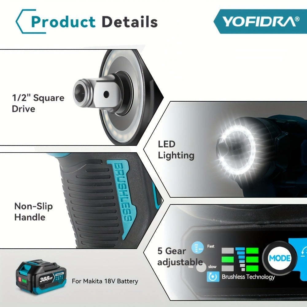 Llave de impacto eléctrica sin escobillas de 1000 N.m, juego de destornillador taladro inalámbrico de 1/2 pulgada, herramientas eléctricas para instalación automotriz y de muebles, compatible con baterías YOFIDRA
