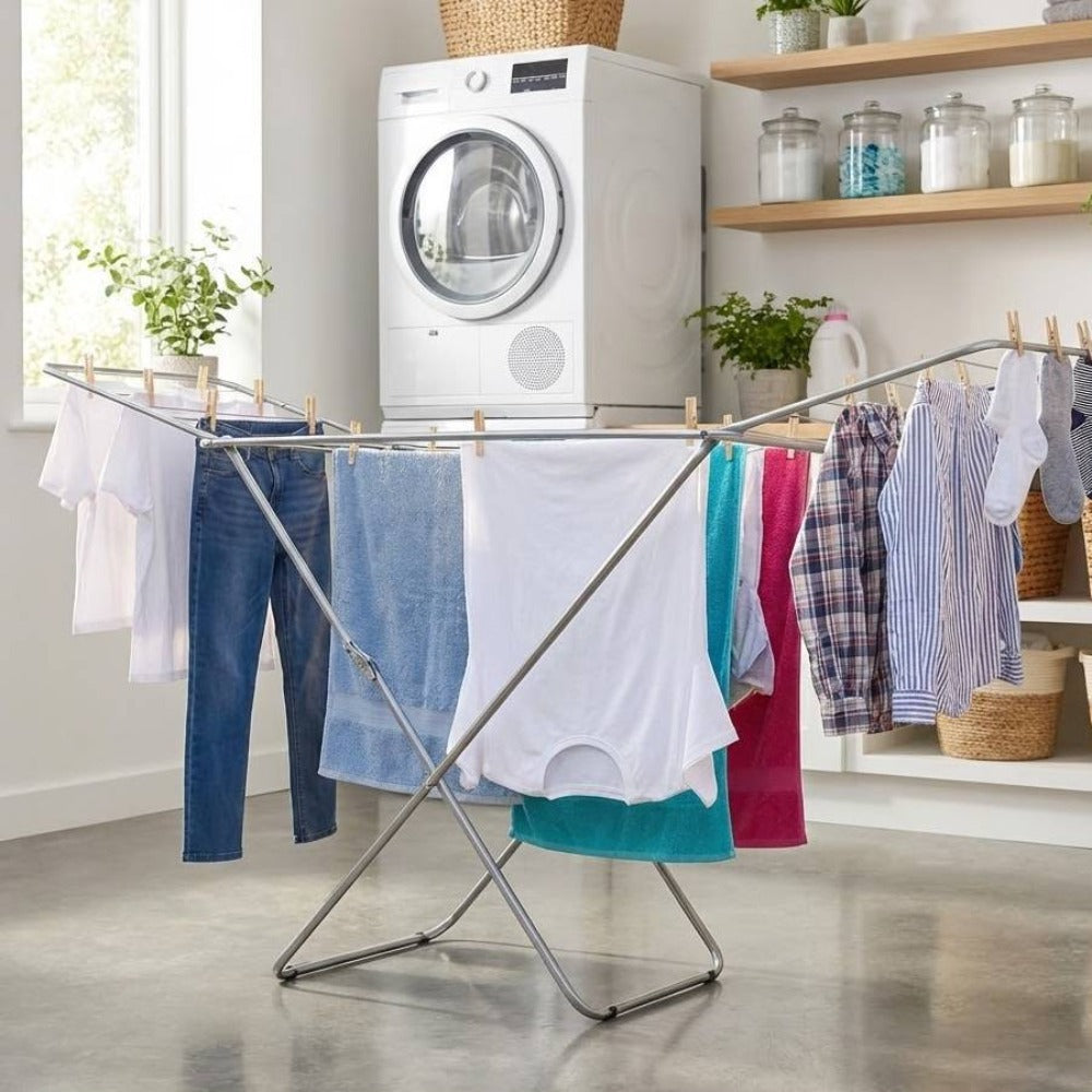 tendedero Plegable metálico, 20 Metros Espacio de tendido, Soporte para Tender Ropa, Patas Antideslizantes (Plateado, 52 x 102cm)