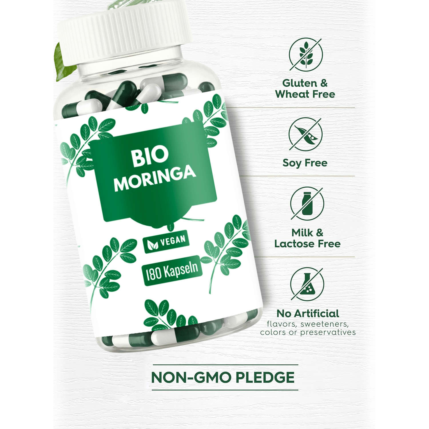 Cápsulas de Moringa de Alta Dosis – 1500 mg Dosis Diaria – 180 Cápsulas Veganas de Moringa – Hechas de Polvo de Moringa – Suplemento de Moringa Probado en Laboratorio – Sin Aditivos