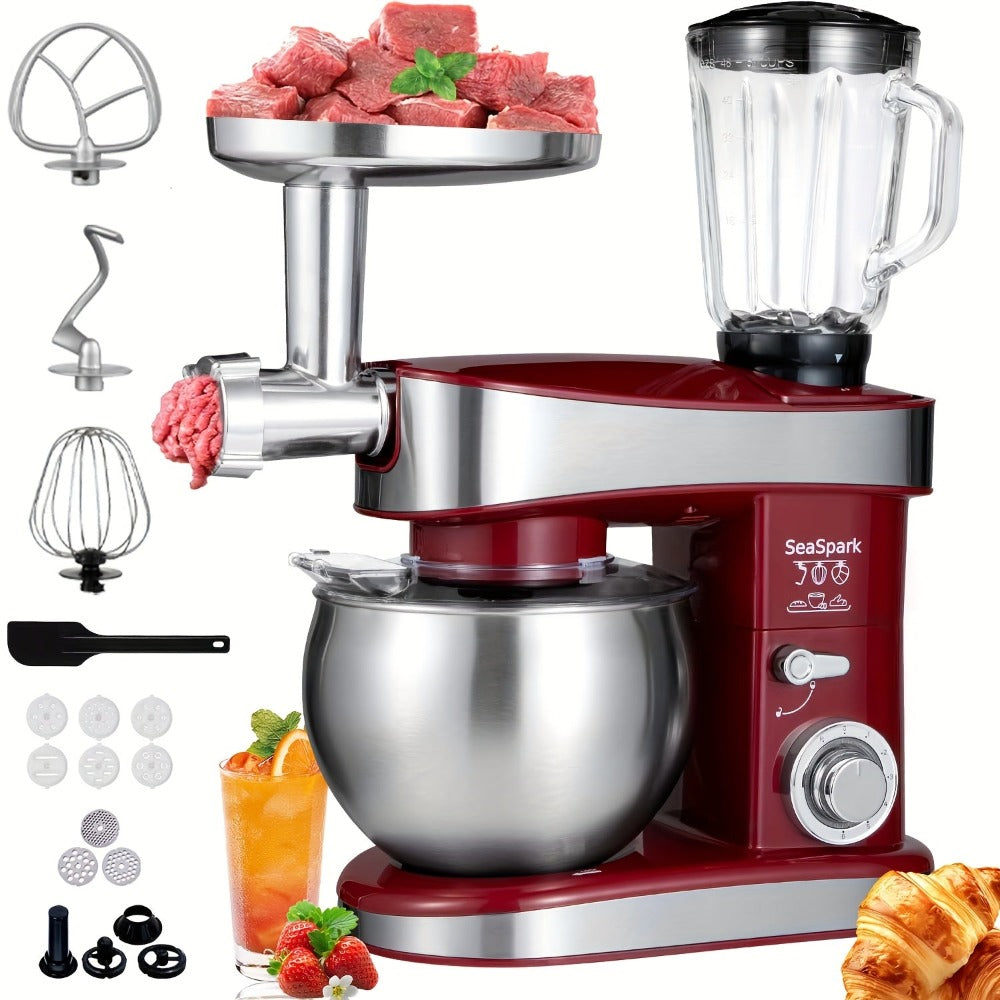 Batidora de pie 6 en 1, 1200W de 6 velocidades con botón de pulsos, accesorios con tazón de acero inoxidable de 6L, mezcladora eléctrica vertical, gancho para masa, batidor de huevos, espátula, accesorios para exprimidor, accesorios para picadora de carne