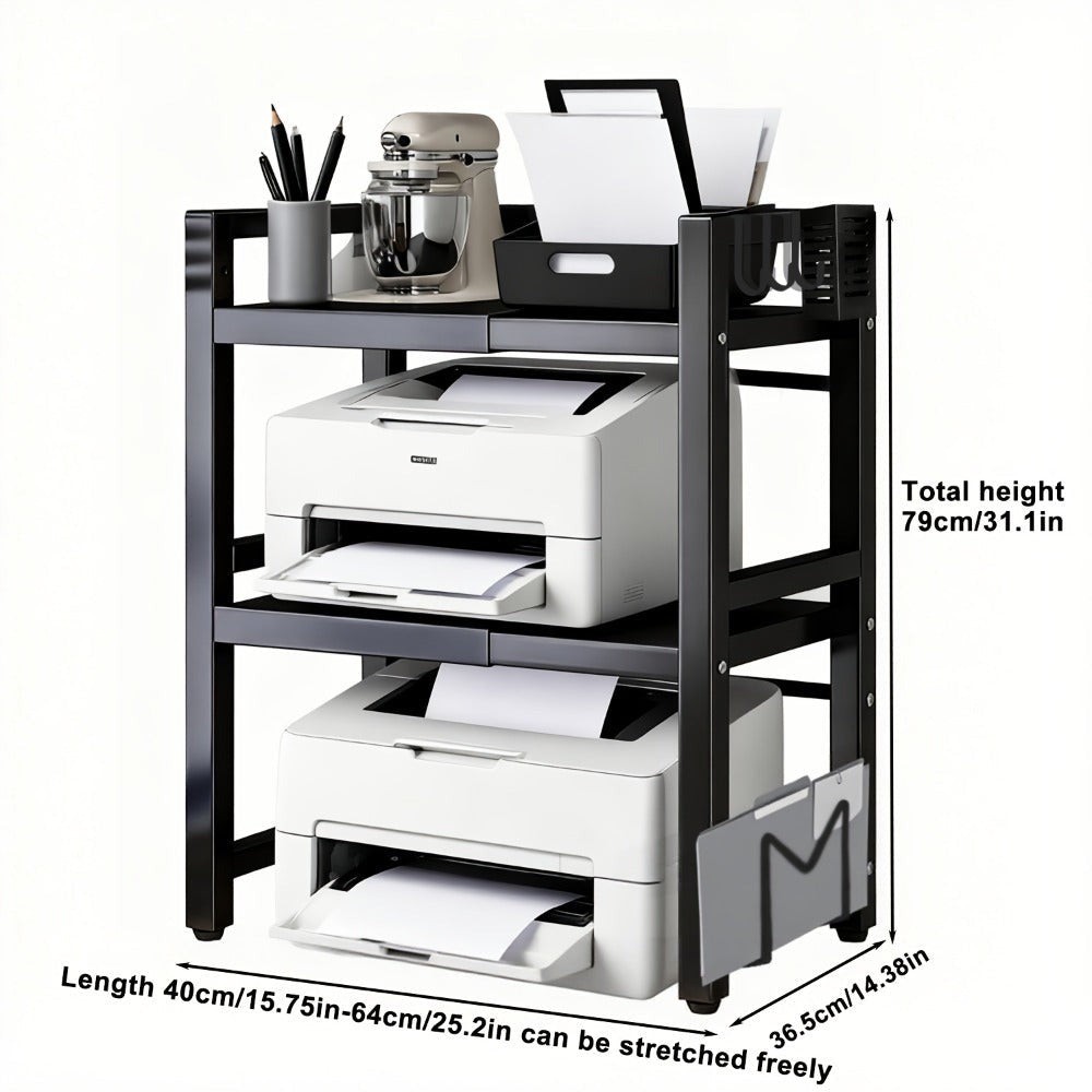 Soporte para impresora de 2/3 niveles - con 3 ganchos, soporte para tabla de cortar y portalápices, diseño expandible, adecuado para el hogar y la oficina, puede contener fotocopiadoras y escáneres (Negro, Blanco)