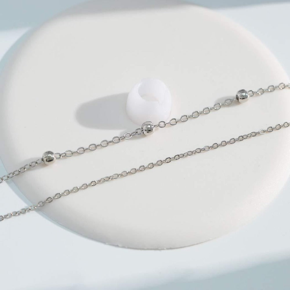 Tobillera para mujer bañada en plata 925, de 2 capas con colgante de corazón y pedrería, joya elegante de playa de verano, cadena de tobillo ajustable estilo bohemio, 20+7 cm, regalo para mujer