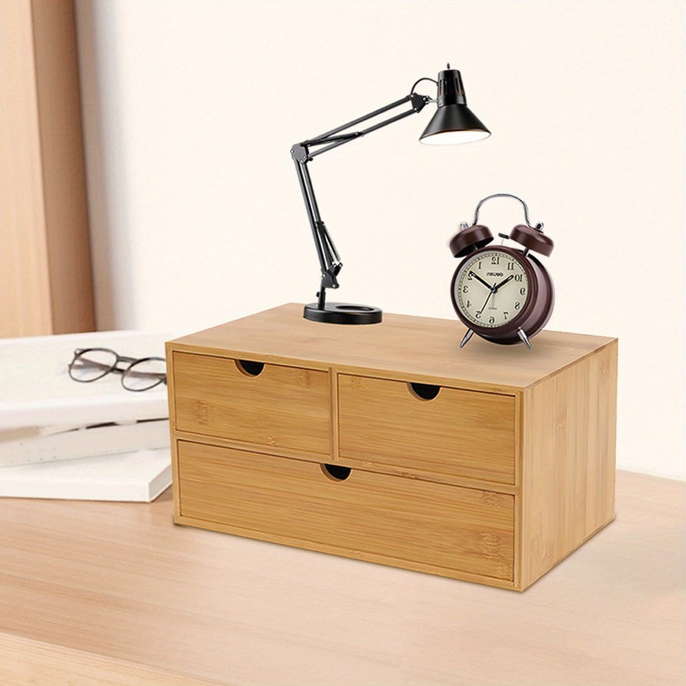 Organizador de escritorio de bambú, caja de organización de almacenamiento de mesa, almacenamiento de escritorio para clasificar y almacenar sellos, notas adhesivas, tijeras, facturas, bolígrafos, lápices, etc. (2 cajones superiores, 1 cajón inferior)