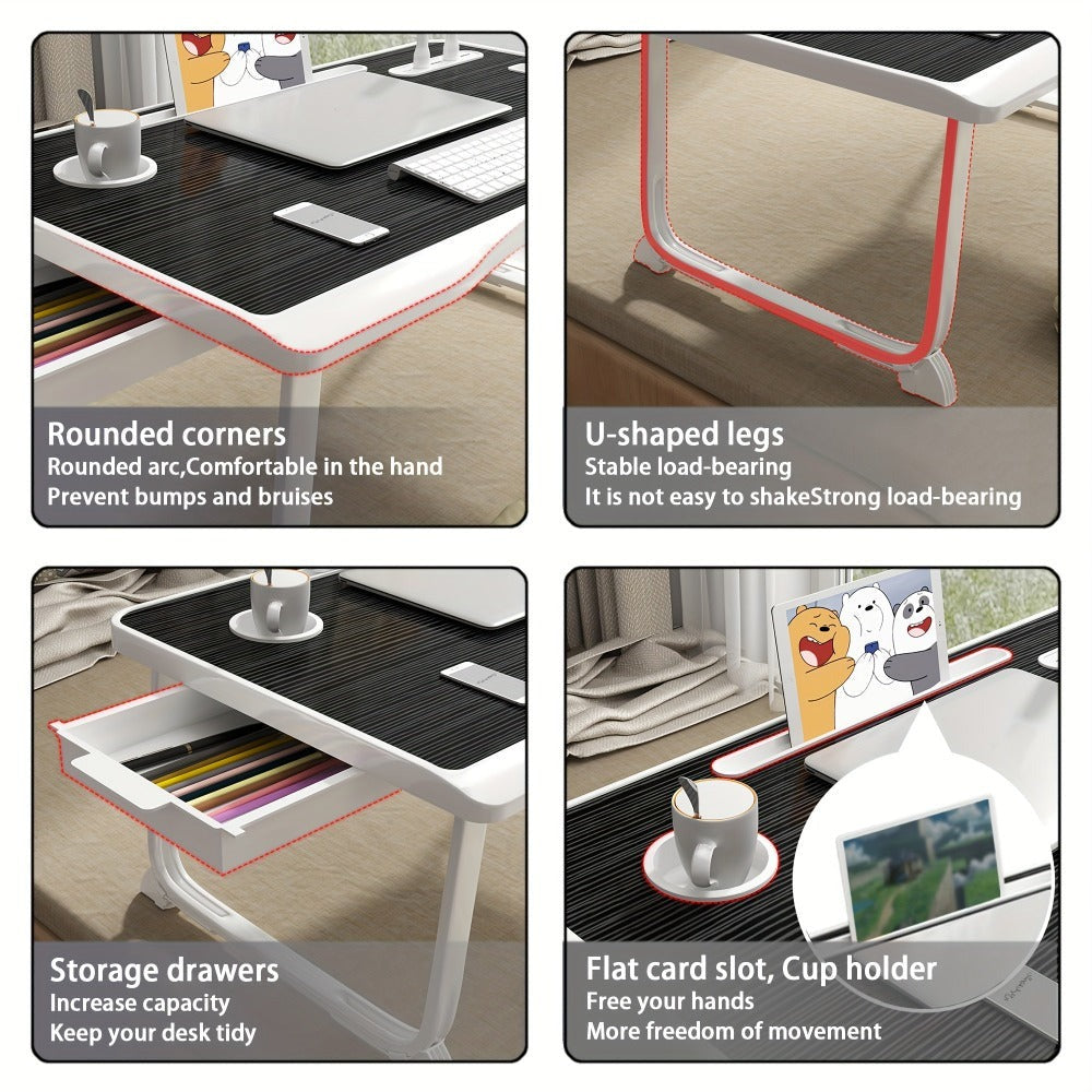 Mesa de escritorio para laptop, mesa portátil para laptop con asa, ranura para tarjetas/tazas, cajón lateral, soporte portátil para notebook para comer, leer, trabajar, acampar, cajón lateral para sofá (Negro, Rojo, Blanco, Azul)