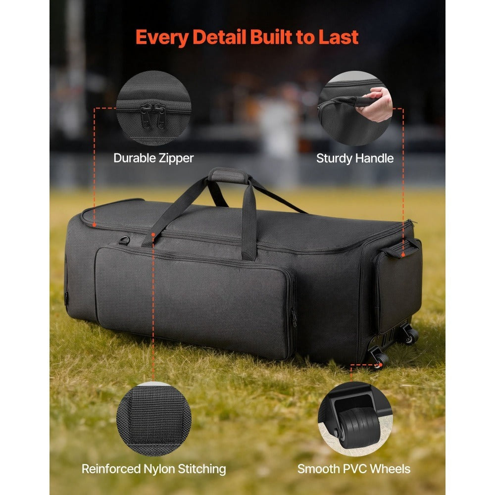 Bolsa para herrajes de batería VEVOR con ruedas, 1680D, bolsa de transporte para equipo de batería, estuche de transporte con asa resistente, cremallera duradera, ruedas de PVC suaves, múltiples bolsillos, para herrajes y accesorios de soporte, negro