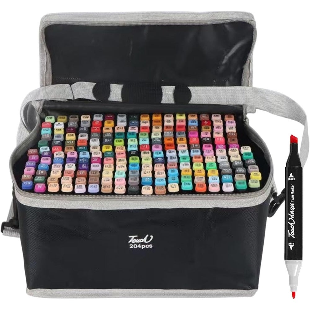 Rotuladores de doble punta de 204 colores con estuche de transporte, ideales para ilustración, colorear, escribir, dibujar y trabajos de diseño