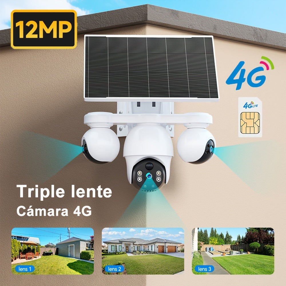 Cámara de seguridad solar para exteriores de tres lentes con rotación panorámica/inclinable PTZ 360°, seguimiento de movimiento humano PIR, visión nocturna a todo color, comunicación bidireccional, notificaciones push de alarma, tarjeta SIM incorporada y