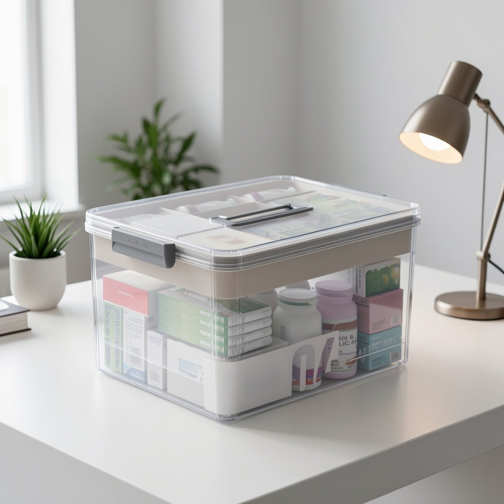 Caja de almacenamiento de medicamentos transparente de gran capacidad con asa y tapa, impermeable, adecuada para cajas de almacenamiento de varias capas para artículos esenciales del hogar y la oficina.