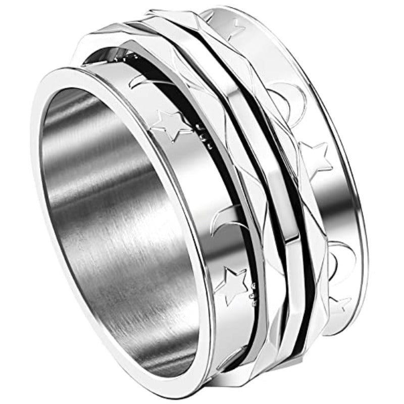 Anillo giratorio tipo fidget spinner retro JewelryWe para mujer con patrón de luna y estrellas, bandas de anillo giratorias de acero inoxidable