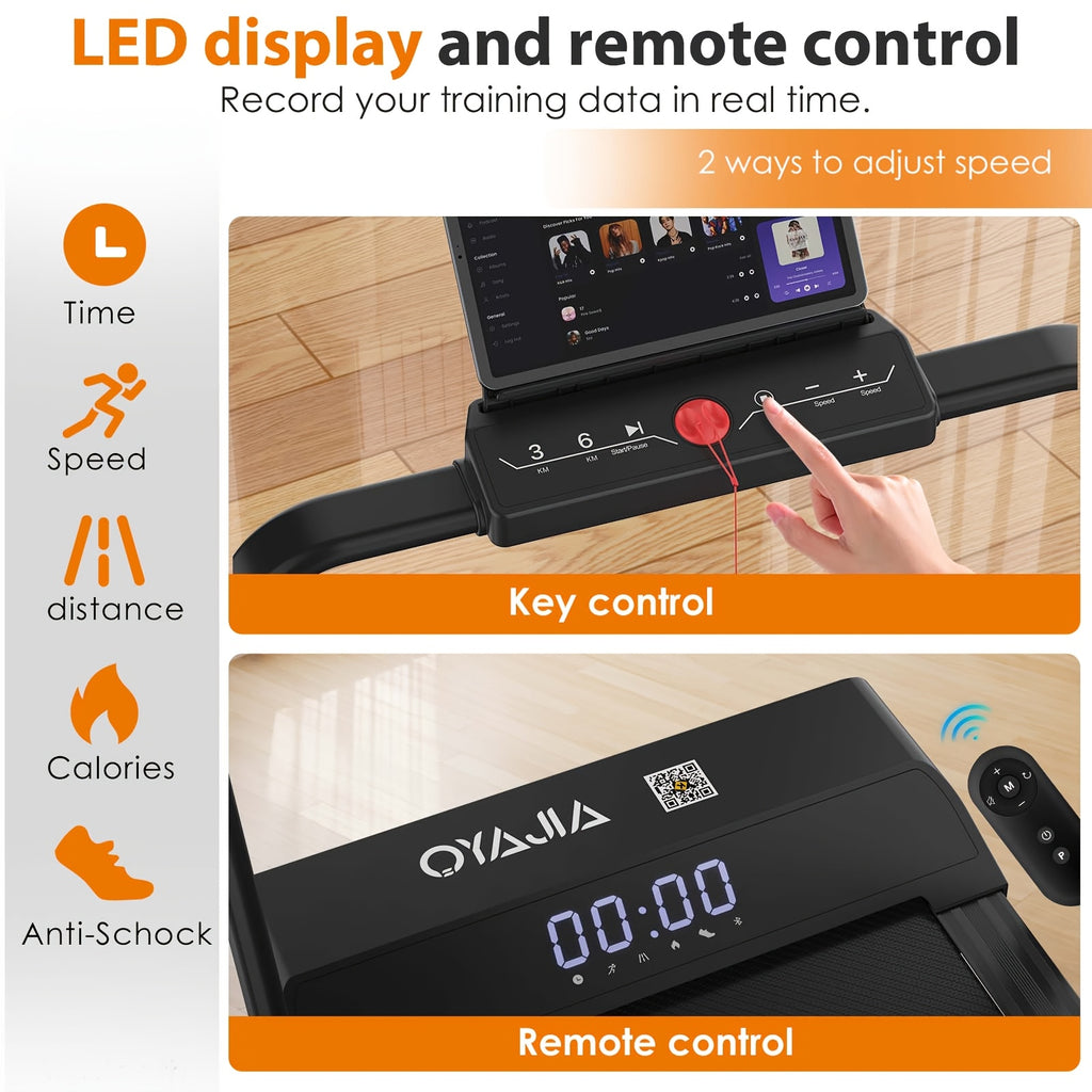 Caminadora plegable para el hogar 4 en 1, 12 programas preestablecidos, motor silencioso de 0.75 caballos de fuerza, pantalla LCD con 3/6 teclas rápidas, admite control triple mediante aplicación, control remoto y panel de control, altavoces de música, so
