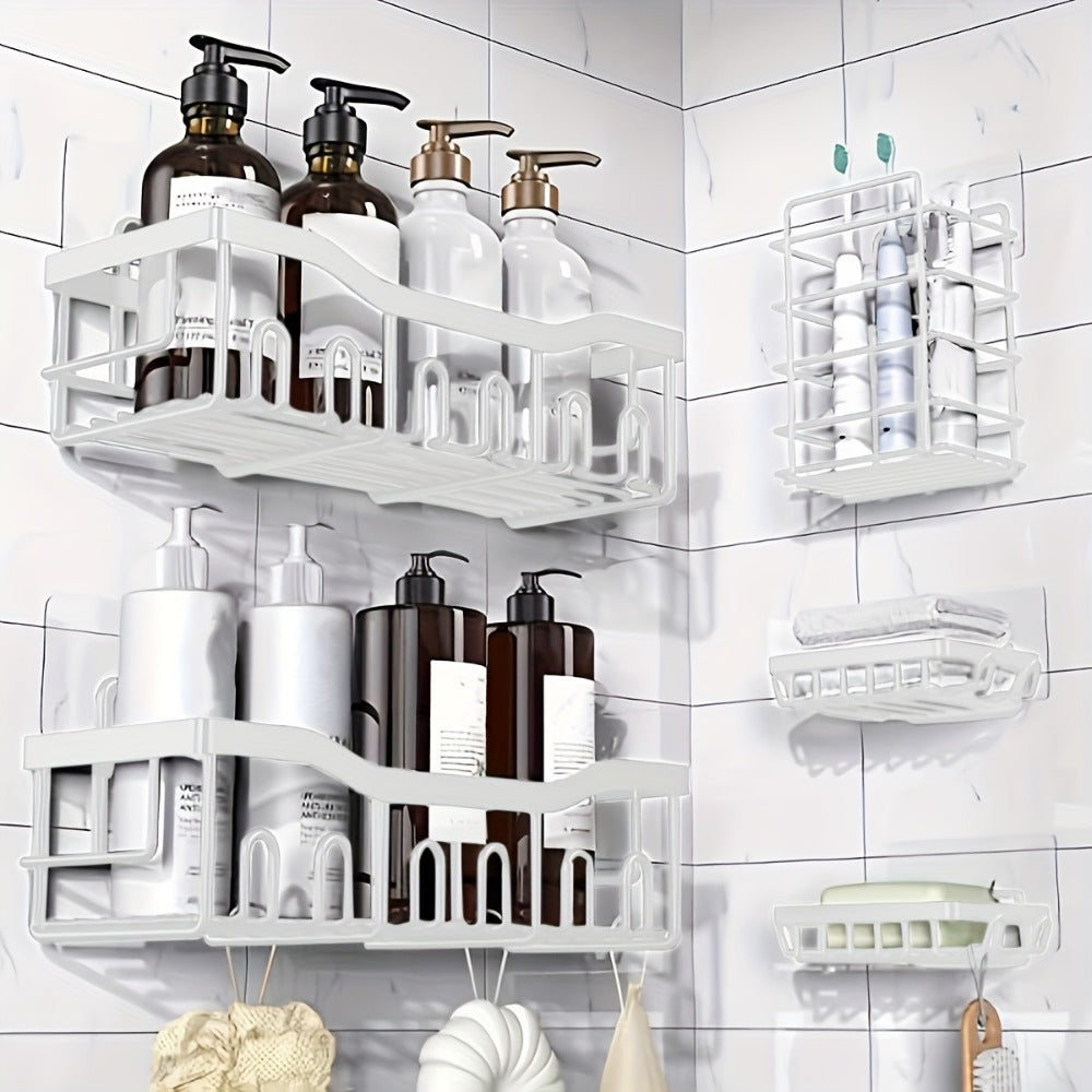 Organizador de ducha adhesivo, paquete de 5 organizadores de baño de acero inoxidable inoxidable a prueba de óxido de gran capacidad, estantes sin taladrar para almacenamiento de baño y decoración del hogar, propiedades de color aleatorio a elegir, organi