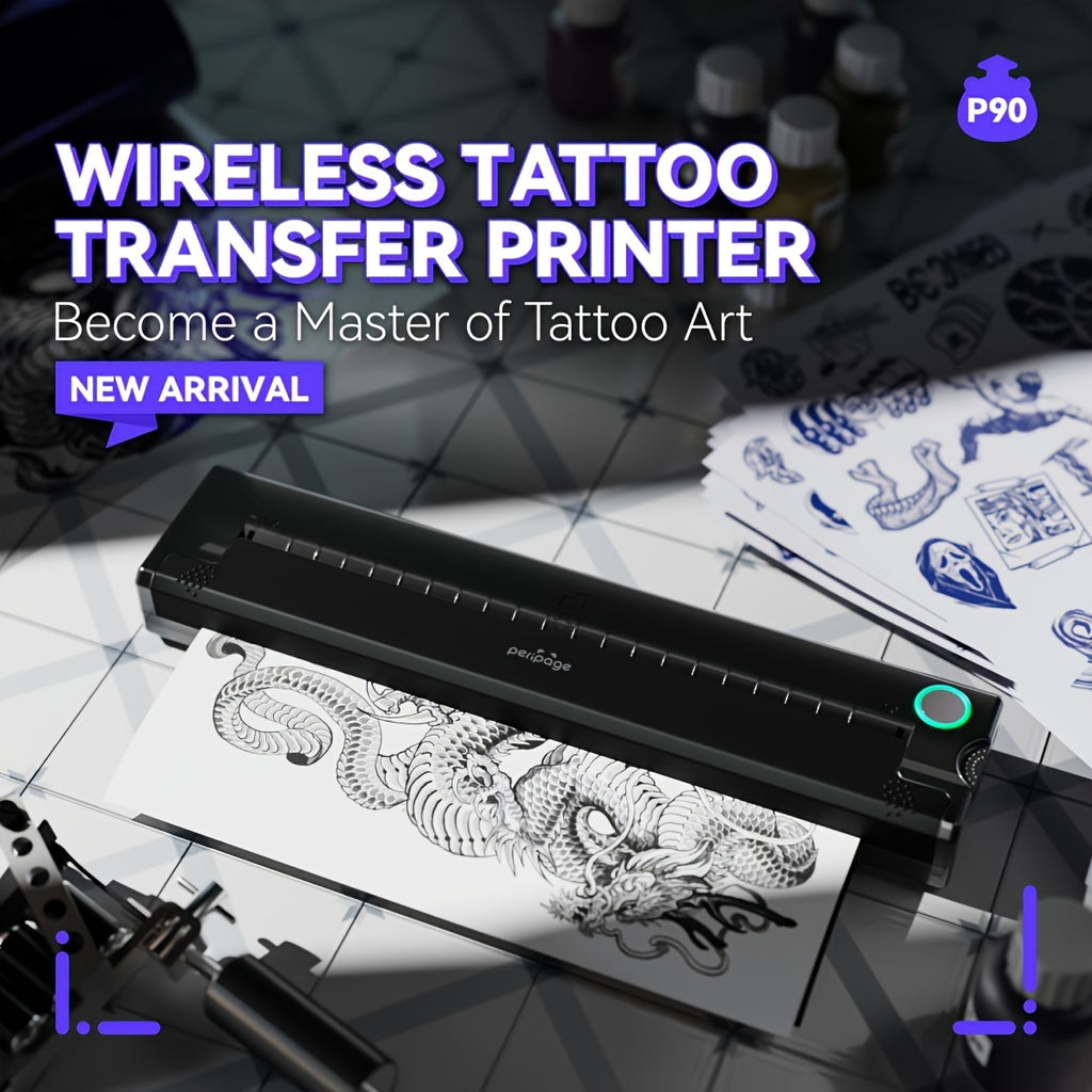 Impresora térmica | Impresora térmica portátil para tatuajes Peripage P90, adecuada para plantillas de tatuajes DIY con 5 hojas de papel de