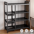 Estantes de cocina verticales ajustables, estantes abiertos de cuatro niveles con tres cestas de malla metálica, estantes de almacenamiento con poleas, estantes de organización de almacenamiento de cocina de gran capacidad, adecuados para cocinas, salas d