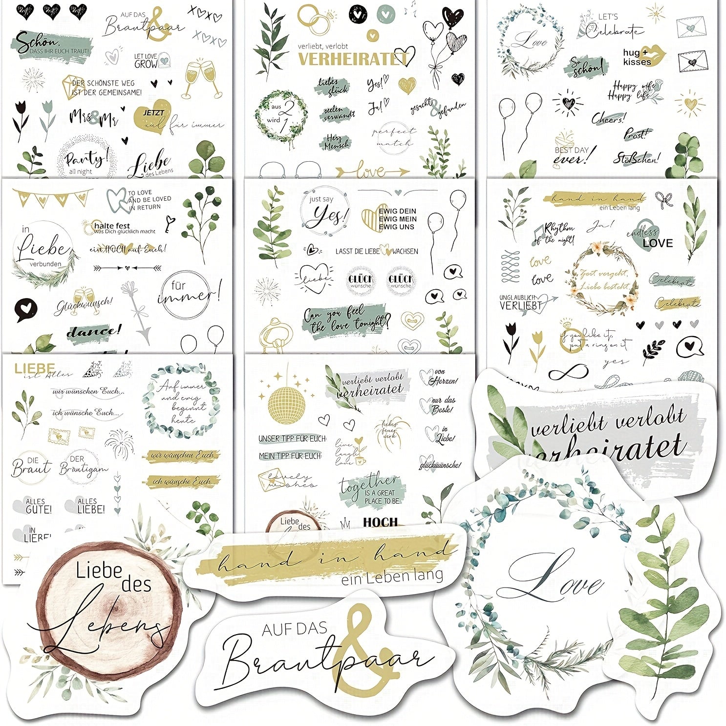 Pegatinas de boda para libro de visitas con más de 200 diseños - 8 páginas de pegatinas de boda, aptas para libros de visitas y álbumes, pegatinas de boda aptas para scrapbooking, decoración de diarios, pegatinas de corazones.