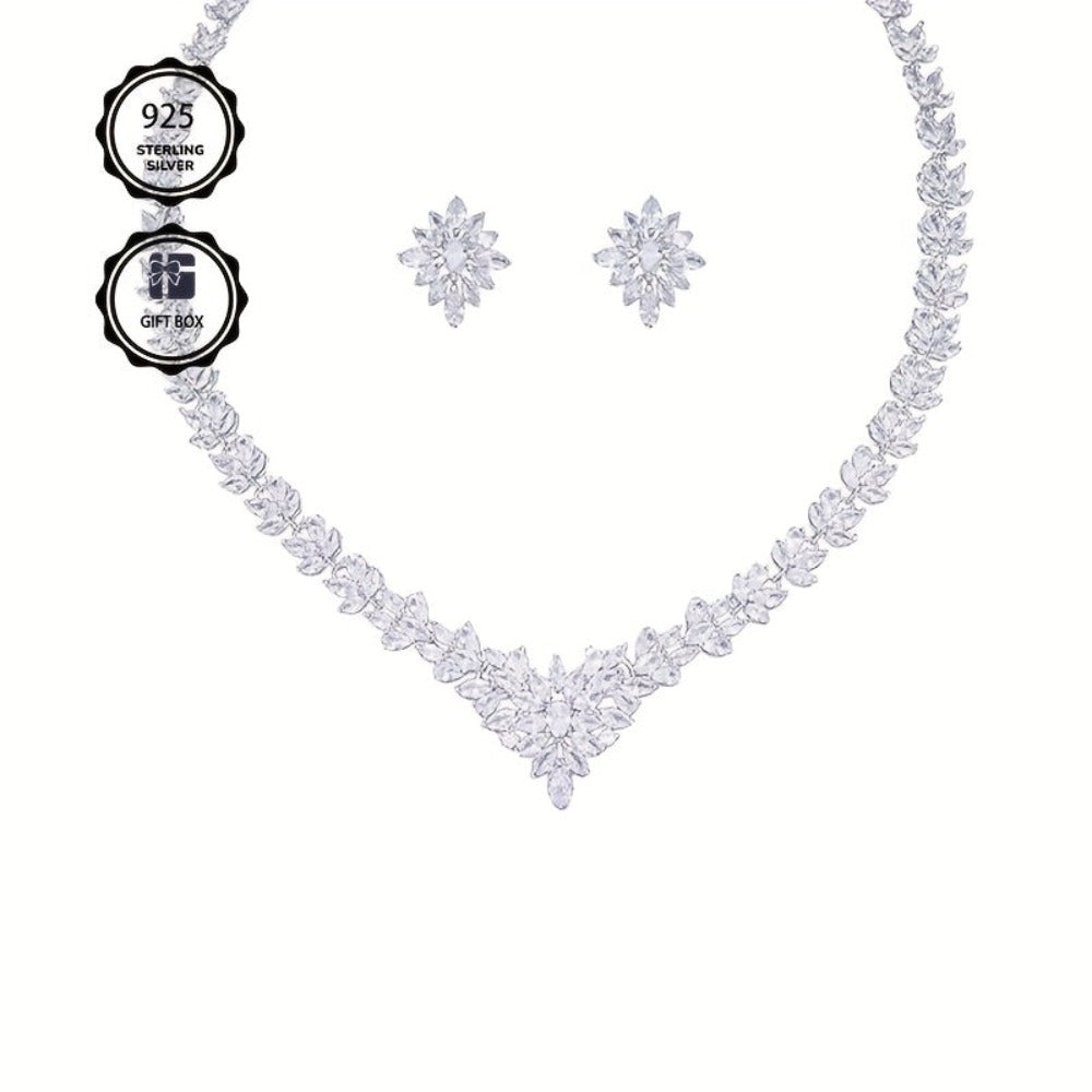 Conjunto de joyería para mujer en plata 925, collar y aretes, juego de dos piezas incrustado con zirconia sintética exquisita en forma de flor, moderno, hermoso, elegante y lujoso, decoración nupcial, regalo de boda para el Día de San Valentín con caja de