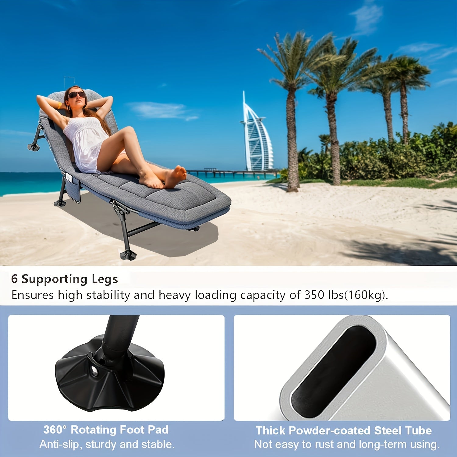 Camilla Solar de Jardín - Jardín Reclinable, Cama de Pesca, Pesca de Carpa con Bolsillo Lateral y Colchón, Camilla Solar Portátil Ajustable de 5 Velocidades para Exteriores