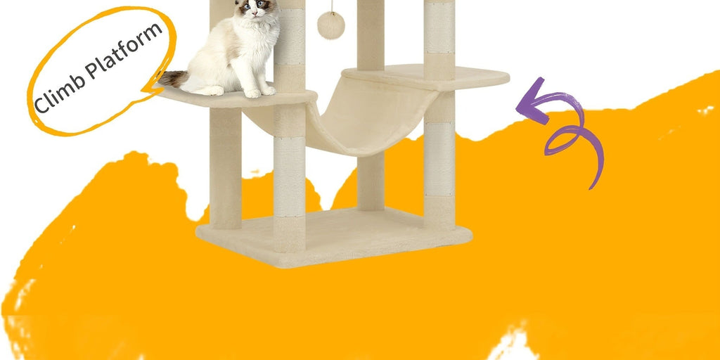 Árbol para Gatos de Interior, Torre Alta de 210 cm con Múltiples Niveles, Casa para Gatos, 8 Postes Rascadores, Hamaca y 4 Pompones