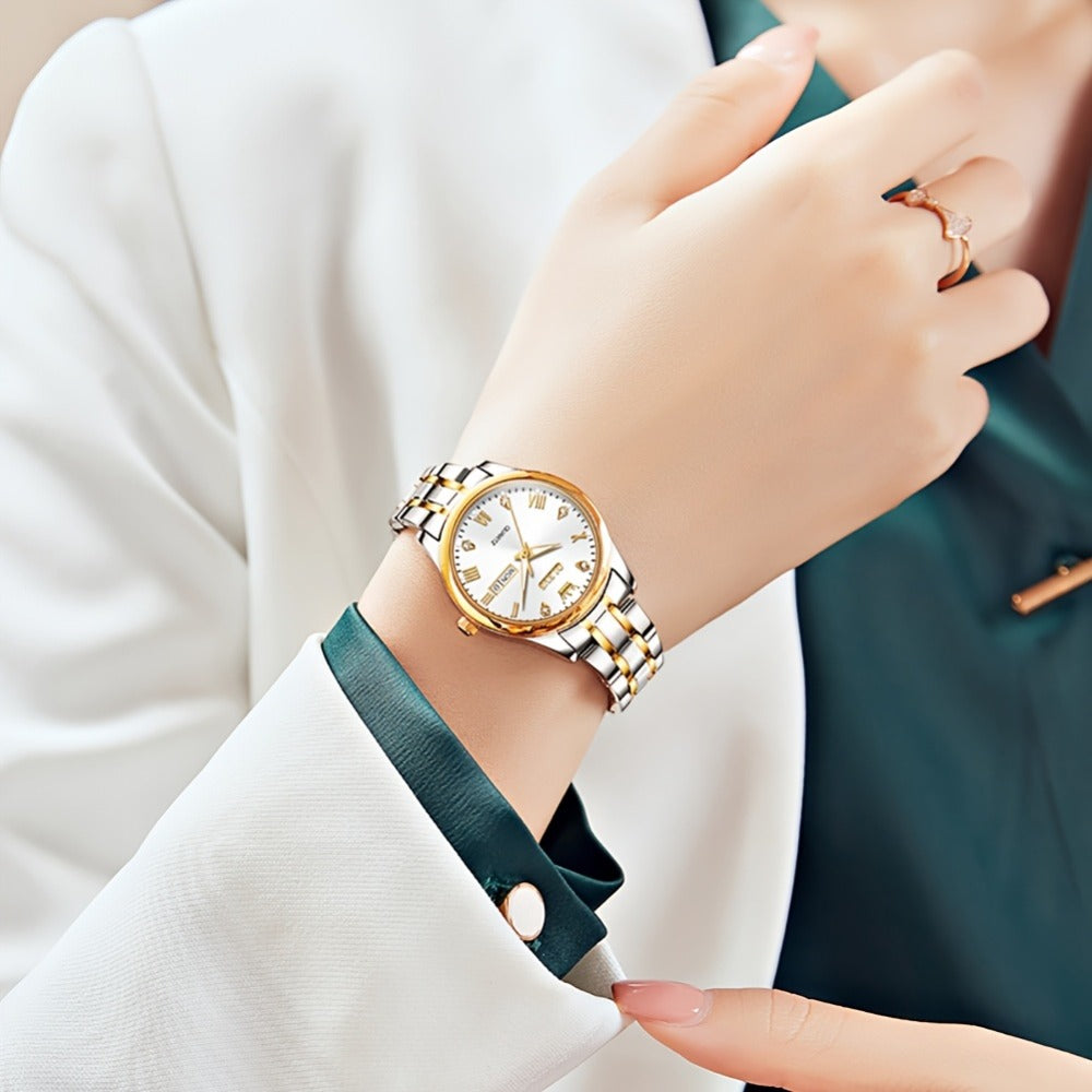 Relojes de Mujer OLEVS: Elegantes y de Moda para Negocios, Diseño Femenino para Muñecas Pequeñas, Cara Pequeña, Tono Dorado y Plateado, Correa de Acero Inoxidable, Cuarzo Analógico, Fecha y Día, Luminiscente, Esferas en /Blanco/Dorado/Azul