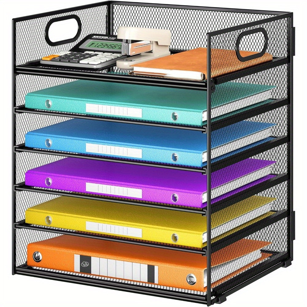 Organizador de escritorio, 6 niveles para hojas de carta, portaarchivos apilable, contenedores de almacenamiento con asa, artículos de oficina para hojas de documentos A4, papel, libro, revista