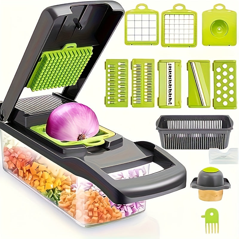 1 Juego de Picadora Manual de Verduras 16 en 1, con 8 Cuchillas, Recipiente, Pelador y Filtro, Fácil para Preparar Comidas, Cortador Profesional de Cebolla, Zanahoria y Ajo, Utensilios de Cocina