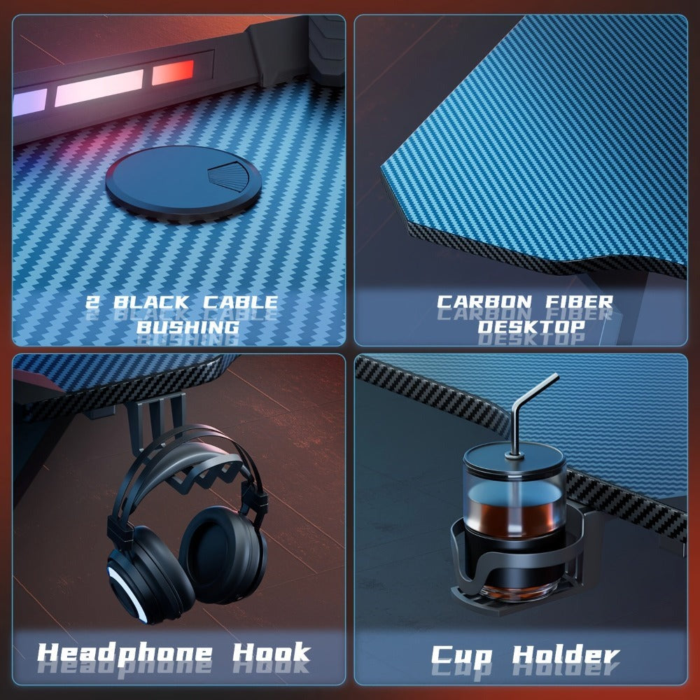 Escritorio de Oficina con Iluminación LED, 100 cm de Tamaño Extra Grande con Revestimiento de Fibra de Carbono, Escritorio para Hogar/Oficina y Gaming, con Portavasos y Soporte para Auriculares, , con Organizador de Cables, Ideal para Trabajadores Remotos