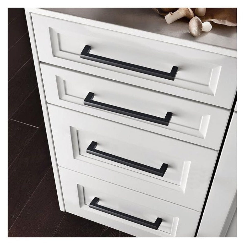 Juego de 10 Tiradores Negros Mate para Muebles, Diseño Cuadrado, Distancia de Agujeros de 128 mm, 160 mm, Modernos y Estéticos para Gabinetes y Cajones, Ideal para Cocina, Baño y Sala – Incluye Tornillos